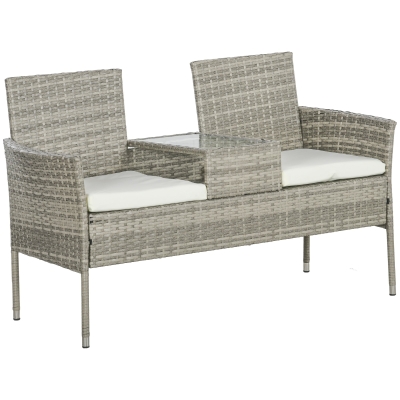 Outsunny Banco de Jardim em Resina Trançada 2 Lugares com Mesa e Almofadas 135x64x81 cm para Varanda e Terraço Preto