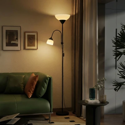 HOMCOM Iluminador Superior Luminária de Chão Mãe e Filho Lâmpada Alta com 3 Temperaturas de Cor e Pescoço de Cisne Flexível Preto