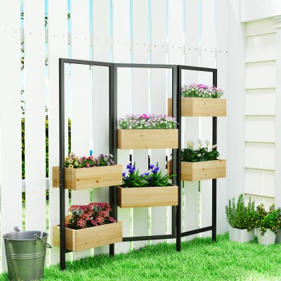 Outsunny Separador de Ambientes com 6 Vasos Biombo Exterior Dobrável de 3 Painéis com Orifício de Drenagem e Forro Madeira Natural