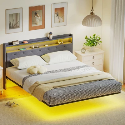HOMCOM Estrutura de cama 160 x 200 cm com base em aço, cama de casal flutuante com luzes LED RGB e estação de carregamento, cinza