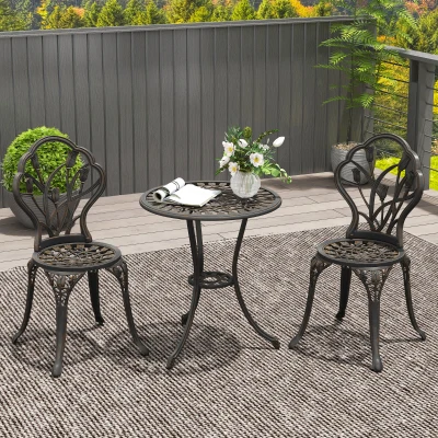 Outsunny Conjunto Exterior 3 peças com 2 Cadeiras de Jardim e Mesa Redonda com Furo para Guarda-sol Bronze