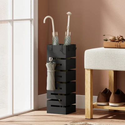 HOMCOM Suporte para Guarda-chuvas, Suporte Metálico para Guarda-chuvas, Suporte de Pé com ganchos e bandeja coletora, Espaço para 8 guarda-chuvas, Preto