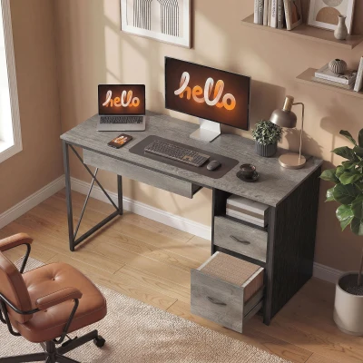 HOMCOM Mesa de computador, 120×50cm, mesa com arrumação, bandeja para teclado, compartimento aberto e 2 gavetas, cinza