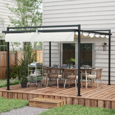 Outsunny Cenador de Jardín 3x4 m con Techo Retráctil de Poliéster y 12 Orificios de Drenaje Pérgola para Terraza Blanco y Gris