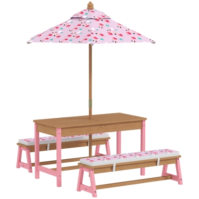 AIYAPLAY Mesa picnic infantil con bancos, cojines, parasol plegable, cajas de almacenamiento extraíbles, motivo de flamenco, rosa