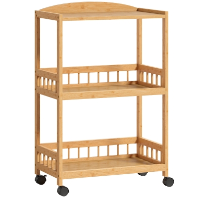 HOMCOM Kitchen Cart Trolley with 3 Tiers, Serving Cart with Storage Rolling Kitchen Shelf, for Kitchen Bathroom Office Natural Wood