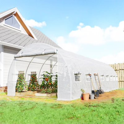 Outsunny Estufa túnel de jardim 24 m² 8L x 3l x 2H m - 16 janelas, porta enrolável com zíper, aço galvanizado, lona PE, Branco