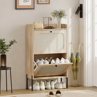 HOMCOM Mueble para zapatos 12 pares, armario para zapatos, 2 cajones abatibles, puertas de ratán y estantes ajustables, roble