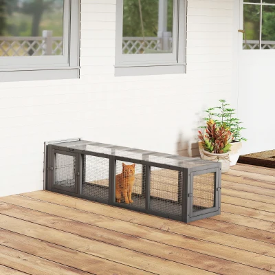 PawHut Túnel para Gatos Brinquedo de Madeira com 3 Portas, Expansível, Túnel de Brincar para Gatos até 10 kg, 151,5 x 38,5 cm Cinza