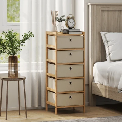 HOMCOM Chest of Drawers Bamboo Frame 5 Fabric Cream White
