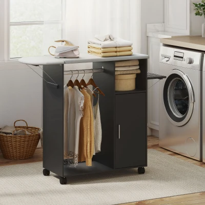 HOMCOM Mueble para Planchar con Superficie de Apoyo Efecto Lino, 3 Estantes tipo Cubo y Guía, 127x42.5x99 cm, Negro