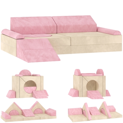 AIYAPLAY Kids Play Sofa, 12 Pieces Foam Modular Soft Play Set for Playroom, Children Convertible Sofa for Boys and Girls, Pink