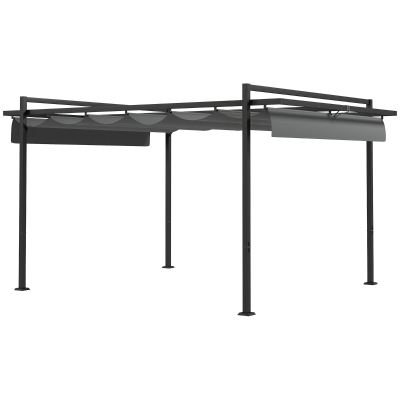 Outsunny Cenador de Jardín 3x4 m con Techo Retráctil de Poliéster y 12 Orificios de Drenaje Pérgola para Terraza Gris Oscuro