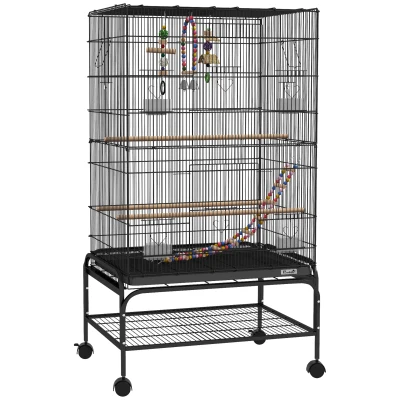 PawHut Gaiola para Pássaros com Área de Recreio Rodas Bandeja Removível e Prateleira 64x45x110 cm Preto