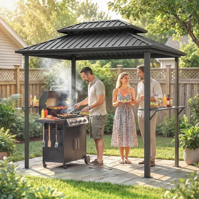 Outsunny Cobertizo para barbacoa exterior cenador de jardín aluminio con doble techo 2 estantes laterales ganchos 231x165x246cm negro