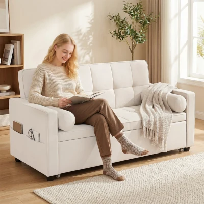 HOMCOM Sofá convertible 2 plazas 3 en 1 sofá-cama con cama nido doble respaldo regulable 2 cojines 80,5x137,5x84cm beige