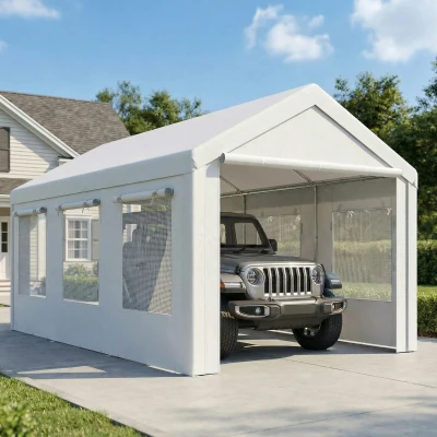Outsunny Carport 3 x 6 m, Cobertizo Robusto de Altura Ajustable con Puertas y Ventanas, Blanco