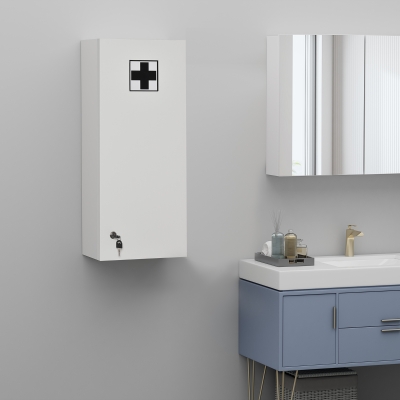 kleankin Botiquín de Pared de Primeros Auxilios 5 Niveles con Estantes Ajustables de Vidrio Cerradura Llaves 30x20x70 cm Blanco