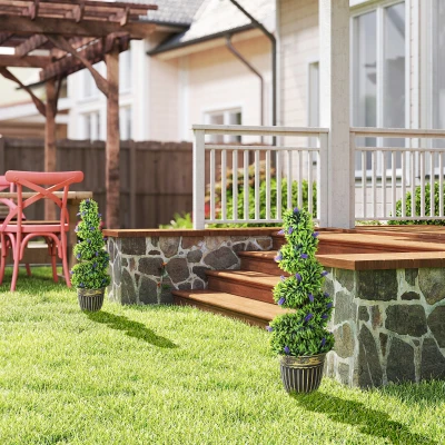 HOMCOM Conjunto 2 Plantas Artificiais em Espiral em PE de 90 cm com Vaso Incluído, Verde e Azul