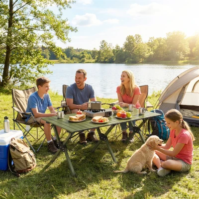 Outsunny Mesa de Camping Plegable 116 cm, Mesa de Picnic Impermeable con Superficie Enrollable y Estructura de Metal, Verde