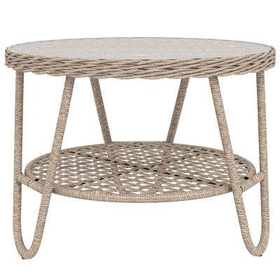 Outsunny Bijzettafel van polyrattan, tweelaagse koffietafel met opbergruimte, glazen tafelblad, verstelbare voetjes, 65 x 65 x 50 cm, geel