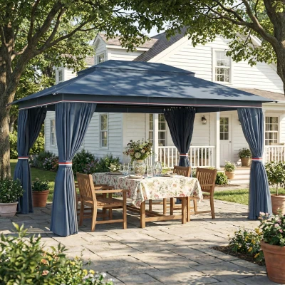 Outsunny Garden Gazebo with Netting & Curtains Dark Blue 3x4m