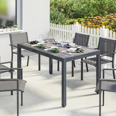 Outsunny Mesa de jardín para 4 a 6 personas, mesa de comedor exterior con tablero efecto madera, 140 x 80 x 72 cm, gris oscuro