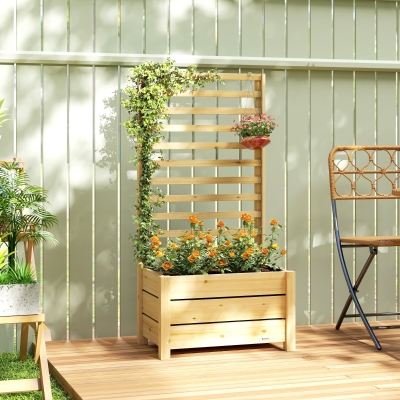 Outsunny Canteiro Elevado com Treliça em Madeira Vaso Elevado com Treliça Orifício de Drenagem Forro de Tecido 60x39x120 cm Madeira Natural