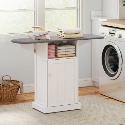 HOMCOM Mueble Tabla de Planchar Plegable con Ruedas con Estante Abierto y Armario, 121x37x89 cm, Blanco y Gris