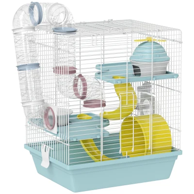 PawHut Gaiola para Hamster Gaiola de Roedor de 3 Níveis com Roda de Exercício Túnel de Jogo Comedouro Casinha 34,5×27,5×41 cm Azul