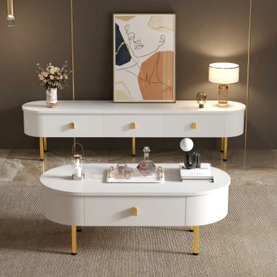 Combinaison meuble TV-table basse, Blanc+Or
