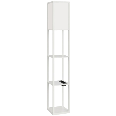 HOMCOM Lámpara de Pie con Estantes, Luz Regulable, Interruptor de Pedal y Puertos USB, Blanco