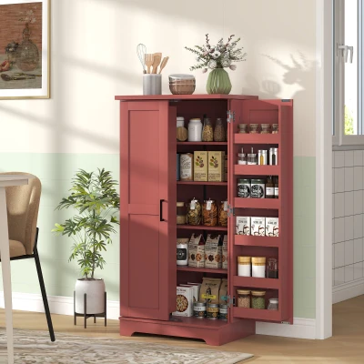 HOMCOM Aparador de Cozinha Armário de Cozinha 5 Níveis com Portas e Prateleiras Ajustáveis 60x40x120 cm Grão de Madeira Vermelho