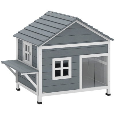 PawHut Casa para gatos de madera 2 pisos caseta con techo abatible impermeable, plataforma lateral, 101x72,5x81cm, Gris