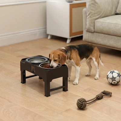 PawHut Comedero elevado regulable con bebedero y 2 cuencos de acero inoxidable para perros pequeños a grandes, Negro