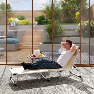Outsunny Tumbona Plegable con Reposacabezas y Respaldo Regulable en Aluminio, 60x165x76 cm, Beige