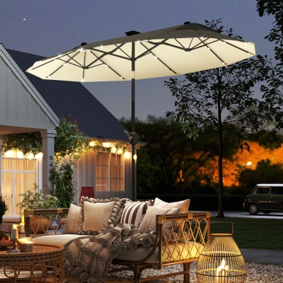 Outsunny Ombrellone Doppio con Luci LED Base a Croce Bianco Crema