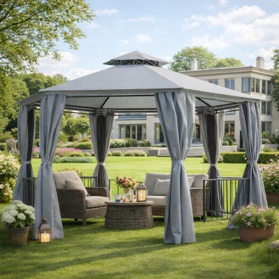 Outsunny Hexagon Gazebo 3x3m Grey Patio Canopy Tent