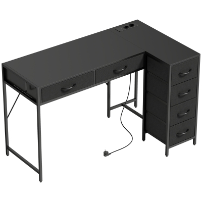 HOMCOM Escritorio Esquinero de 6 Cajones con Gancho Lateral y Tomas Integradas, en Madera y Acero, 126x48x80 cm, Negro