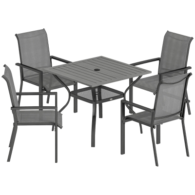 Outsunny Set de Jardín 5 pz en Acero con 4 Sillas Apilables y Mesa con Orificio Central y Balda Inferior, Gris