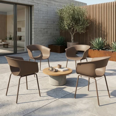 Outsunny Scaune de grădină Set 4 buc ergonomice pentru balcon cu design decupaj cotiere rezistente la intemperii Cafeniu