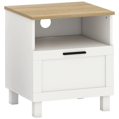 HOMCOM Mesita moderna minimalista con cajón y estante abierto, en madera, 45x38x50 cm, Blanco y color madera