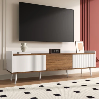 Meuble TV à 3 portes, Couleur naturelle+Blanc