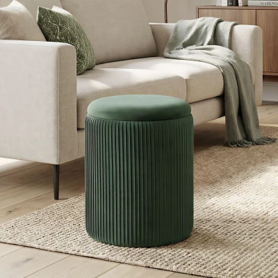 HOMCOM Velvet Storage Ottoman Round Stool 45cm Dark Green