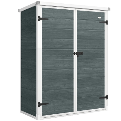 Outsunny Abrigo para Ferramentas 0,8 m² Galpão com Prateleiras Dobráveis 134x68,5x170 cm Plástico com Porta Dupla Fechável e Base