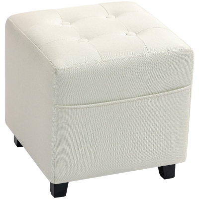 HOMCOM Fußhocker für Wohnzimmer, Ottoman, gepolsterter Sitz mit Steppung in Leinenoptik mit Seitentasche, 35 x 35 x 35 cm, Creme