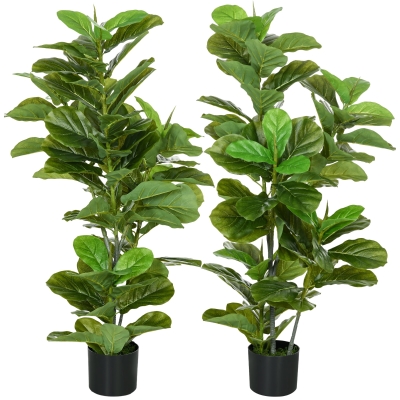 HOMCOM, Set de 2 plante artificiale Ficus Lyrata, arbori artificiali cu ghiveci inclus, înălțime 110 cm, verde