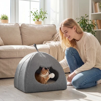 PawHut Cat Cave Bed with Cushion Grey 42x42x39cm