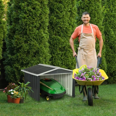 Adăpost pentru mașina de tuns iarba robotică, garaj pentru robot, shed din oțel gri