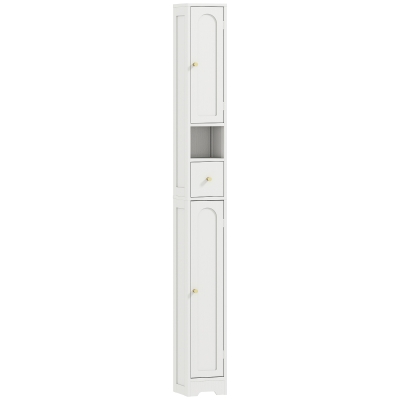 HOMCOM Mueble columna para baño, mueble de almacenamiento, 2 puertas, cajón, compartimento abierto, estante regulable, blanco